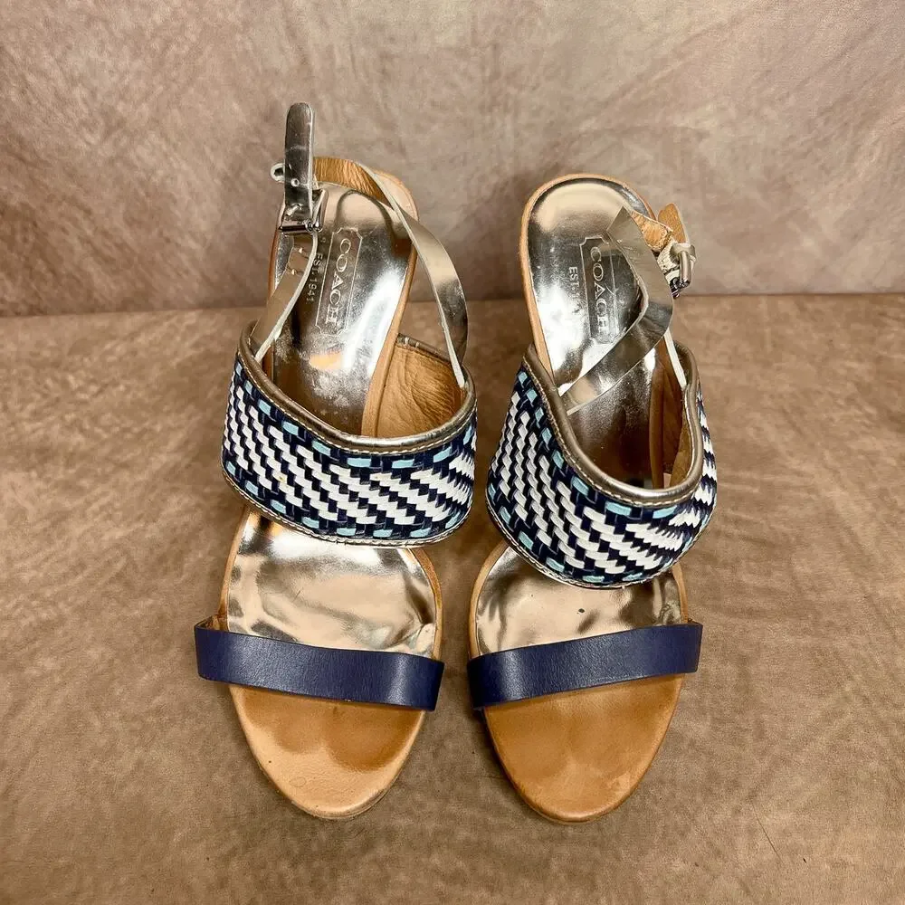 Coach Steffi Heels Pumps Slingback Woven Open Toe Sandals Silver Metallic Blue